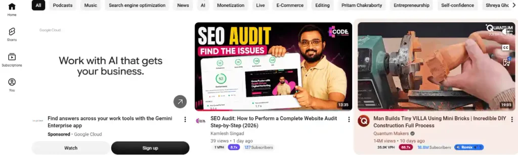 YouTube home page showing a personalized mix of recommended videos from channels the viewer has watched before.