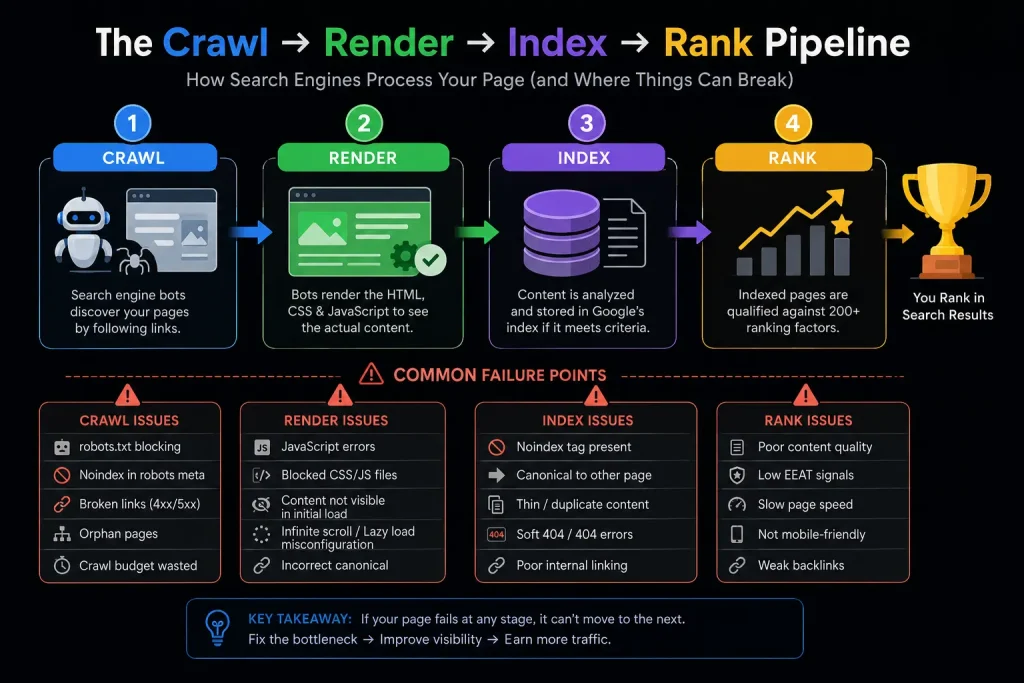 Understand the crawl render index rank pipeline in technical SEO