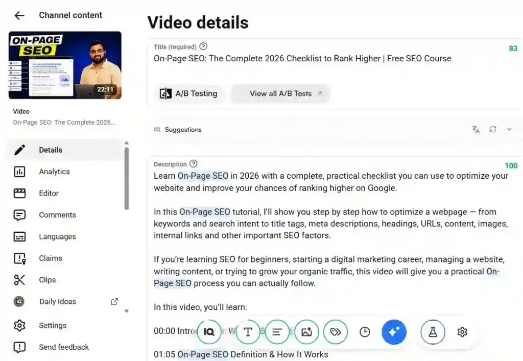 YouTube SEO video showing an On-Page SEO checklist