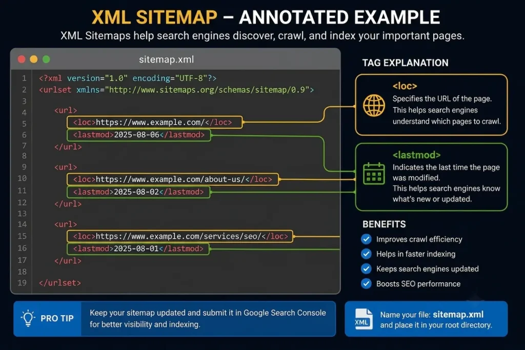 Annotated XML sitemap showing loc and lastmod tags