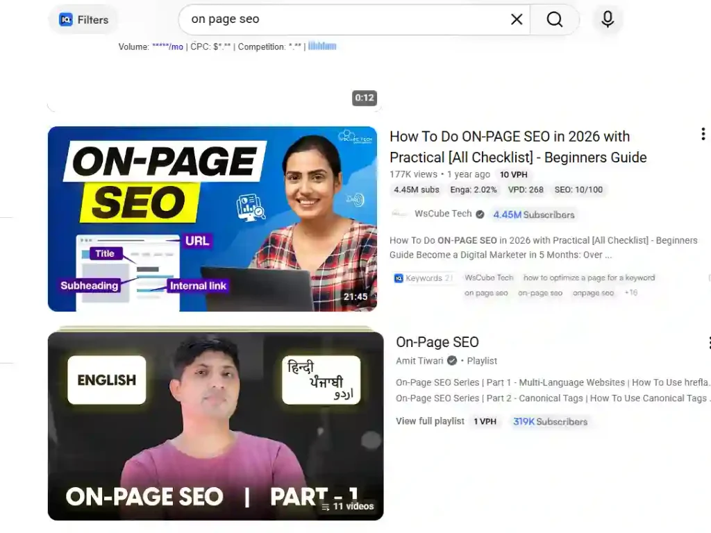 YouTube SERP showing video results.