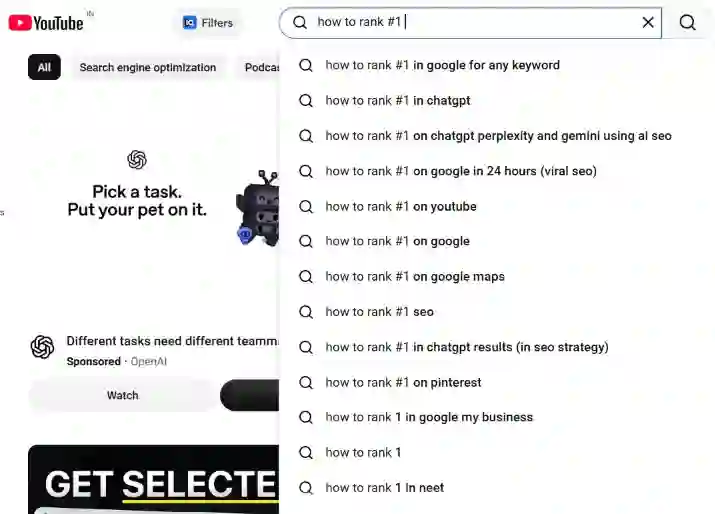 YouTube search predictions for a seed keyword with a trailing letter added, returning a different suggestion set.