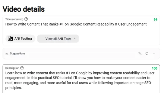 YouTube video description with visible keyword rich lines in description tab.