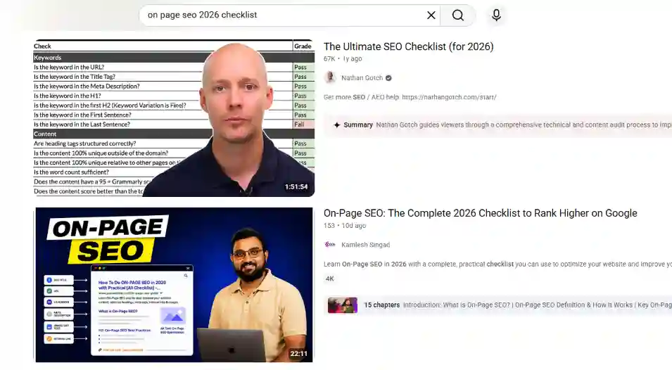 YouTube search results page showing the top five ranking videos with view counts and upload dates.