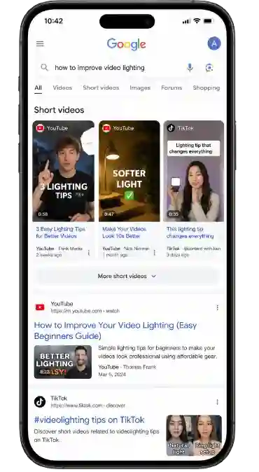 Google mobile search results showing vertical short-form video results from YouTube and TikTok.