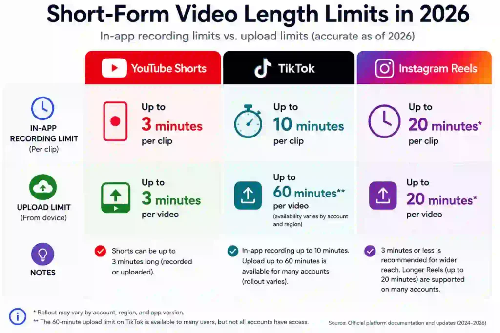 Maximum video lengths for YouTube Shorts, TikTok and Instagram Reels, showing in-app recording limits beside upload limits.