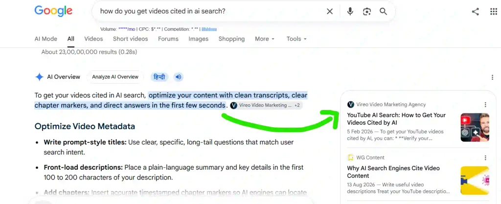 Google AI Overview citing a YouTube video.