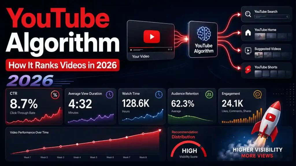 YouTube algorithm ranking videos using CTR, average view duration, watch time, retention, and engagement in 2026.