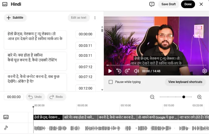 YouTube Studio subtitles being check in editor.