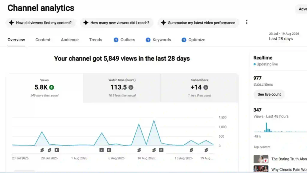 YouTube Studio channel analytics overview