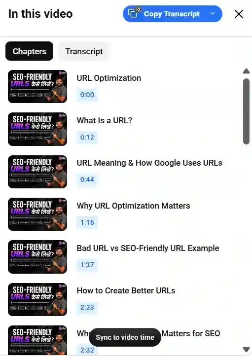 YouTube video chapters showing URL optimization topics.