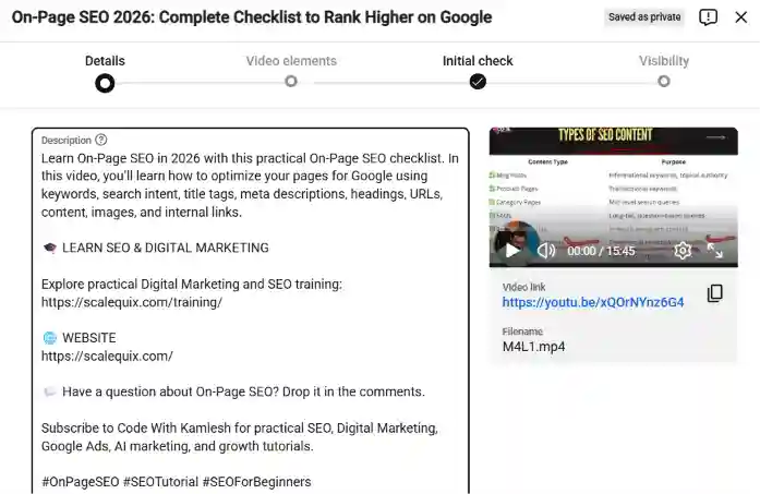 Completed video description broken into labeled sections for hook, summary, links and hashtags.