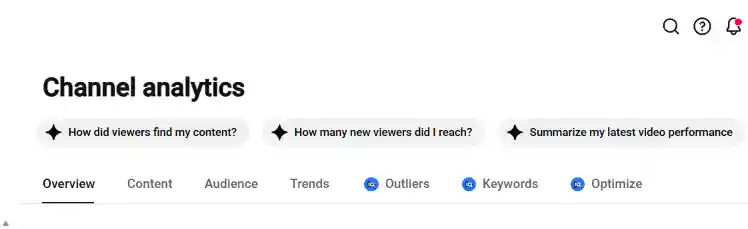 Newer analytics tabs in YouTube Studio shown alongside the standard reports, including Outliers and Keywords.