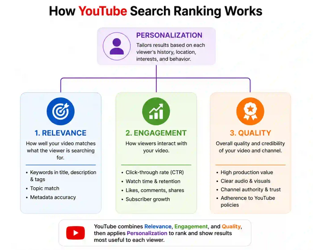 YouTube search ranking factors: relevance, engagement and quality,