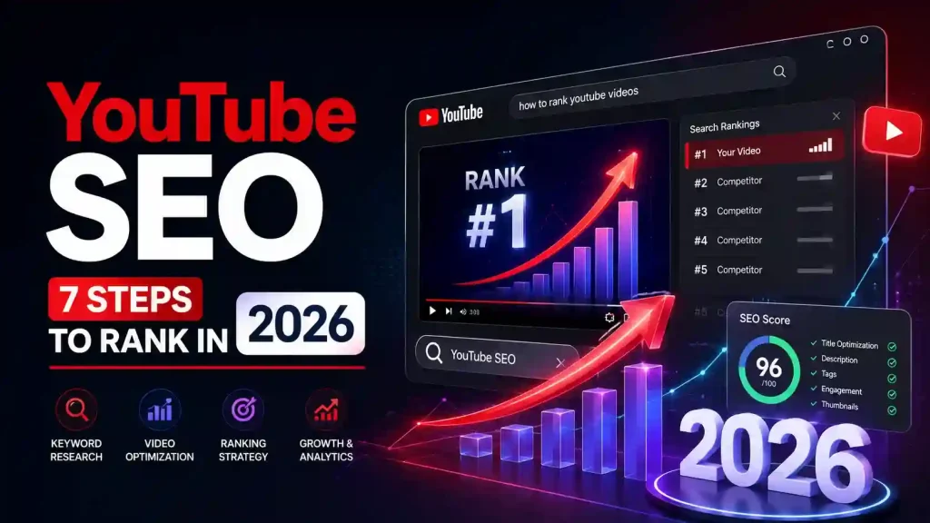 What Is YouTube SEO? Ranking dashboard showing video optimization, search rankings, and 2026 growth.