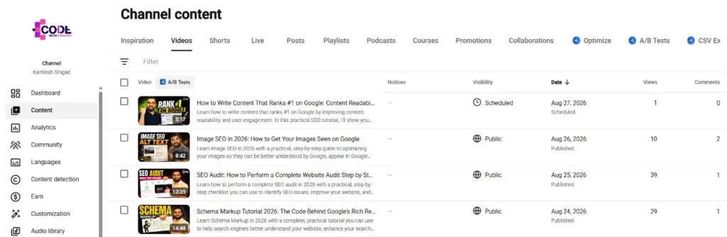 YouTube Studio Content tab showing a list of uploaded videos with view counts.