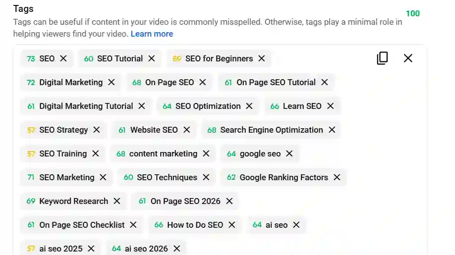 Tags for an On-Page video.
