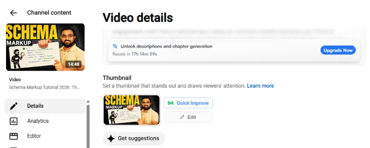 Thumbnail upload panel in YouTube Studio with a custom thumbnail selected and the default frames beside it.