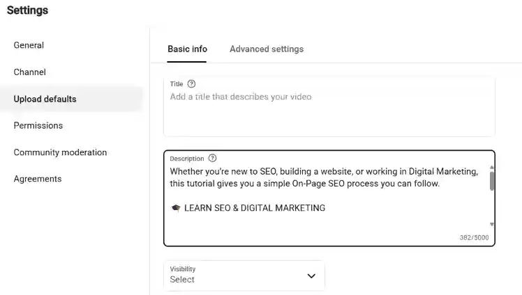 YouTube Studio Upload defaults screen showing a saved default description.