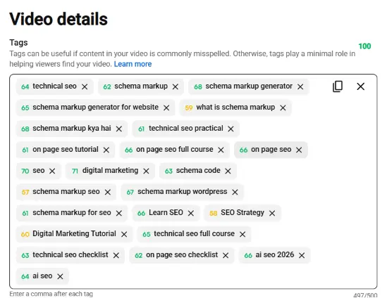 Tags field in the YouTube Studio video details screen with a full list of tags entered.